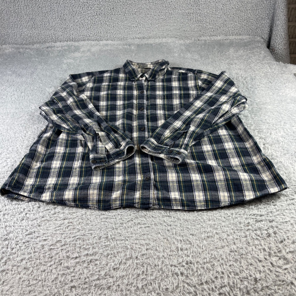 LL Bean Mens 2X Plaid Flannel Shirt Navy Blue White Yellow Cotton Button Down